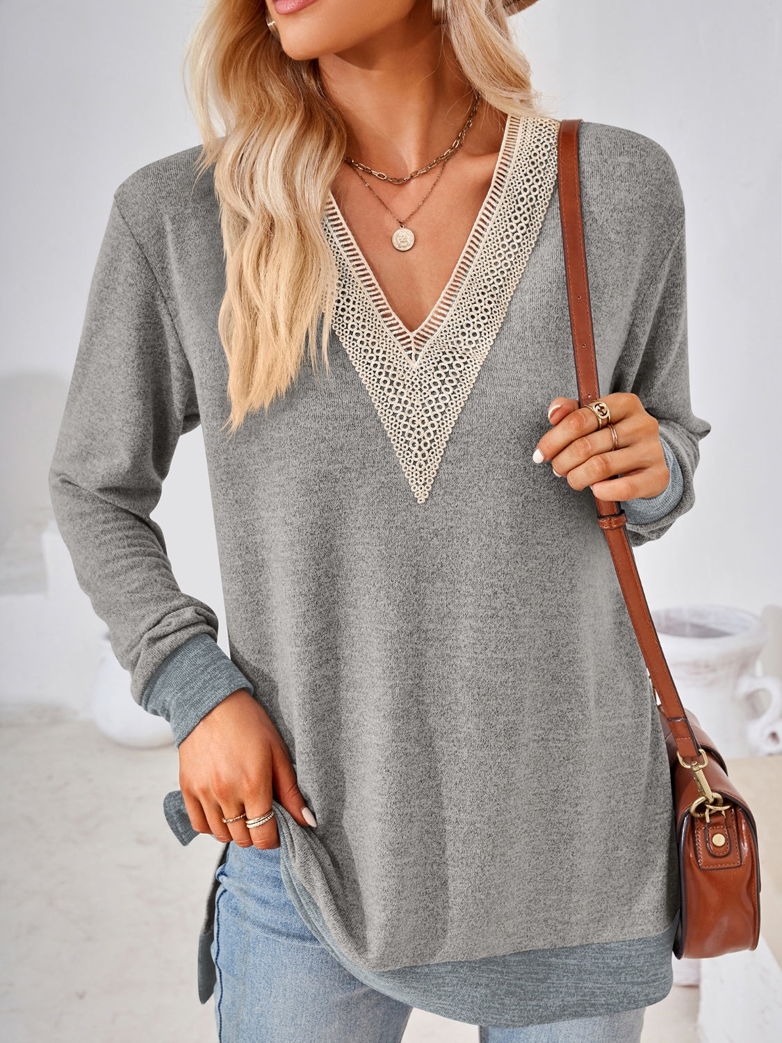 Crochet Contrast V-Neck Long Sleeve Slit T-Shirt-Angel Casuals