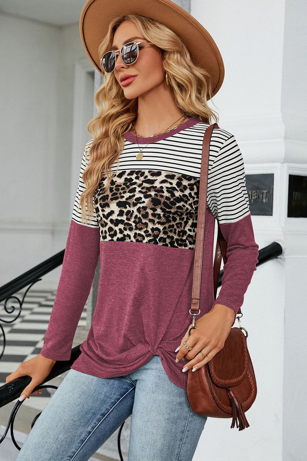 Leopard Striped Round Neck T-Shirt-Angel Casuals