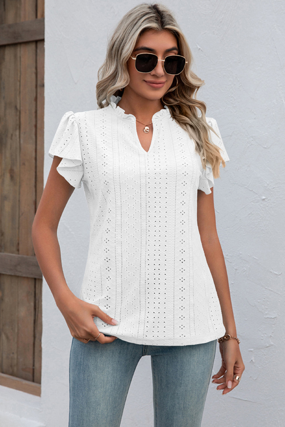 Eyelet Notched Flutter Sleeve T-Shirt-Angel Casuals