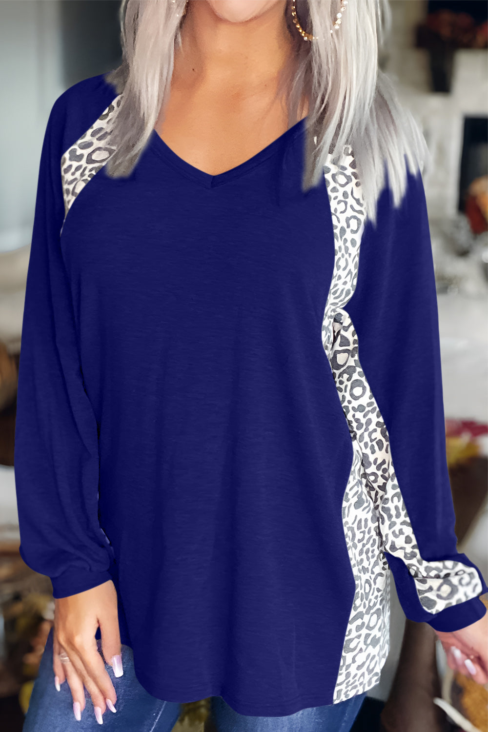 Full Size Leopard V-Neck Long Sleeve T-Shirt-Angel Casuals