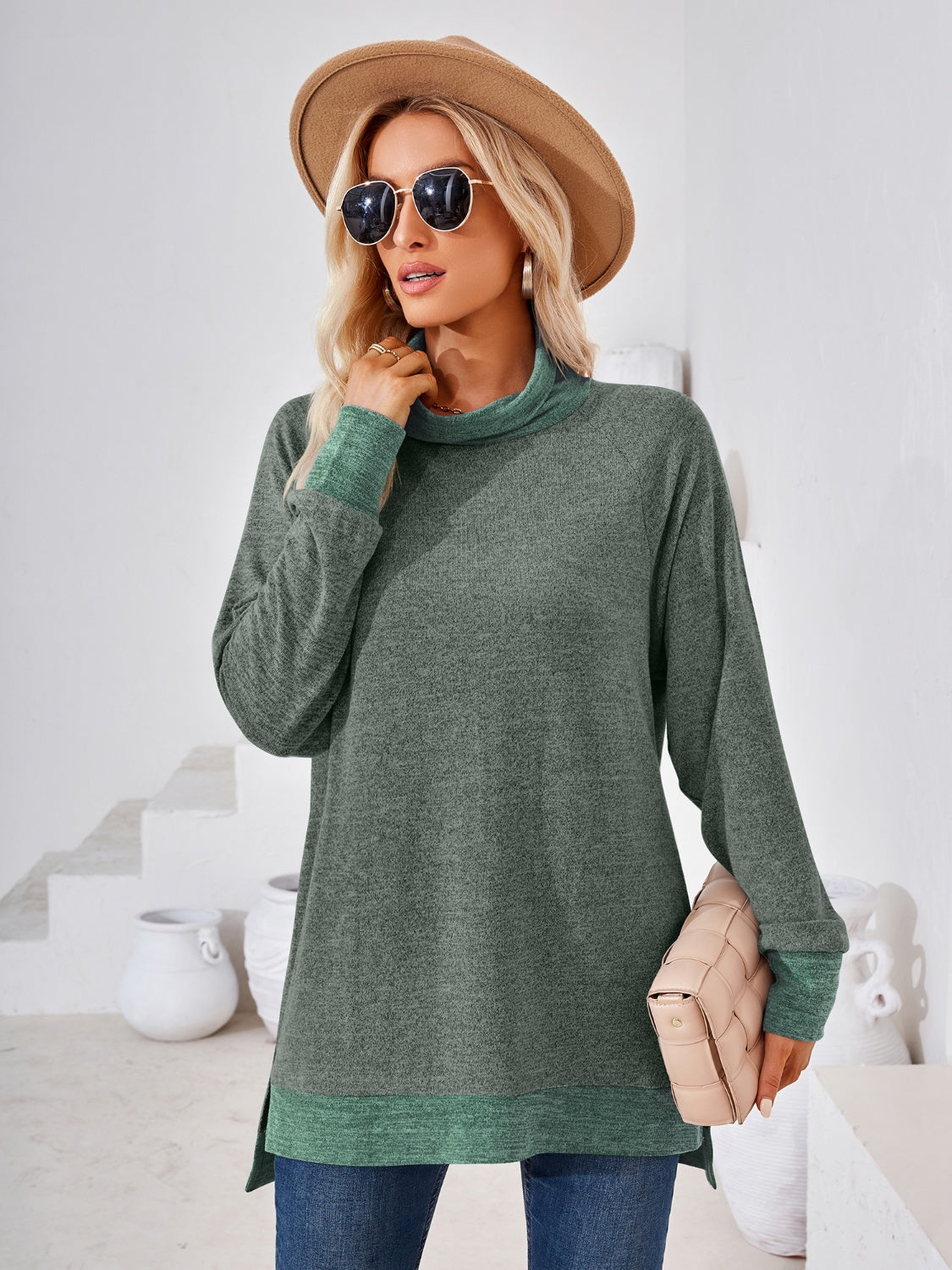 Contrast Mock Neck Long Sleeve T-Shirt-Angel Casuals