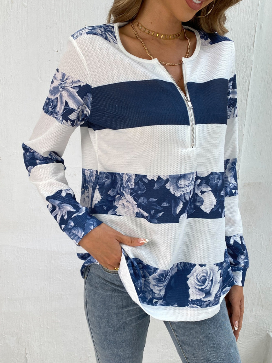 Printed Half Zip Long Sleeve T-Shirt-Angel Casuals