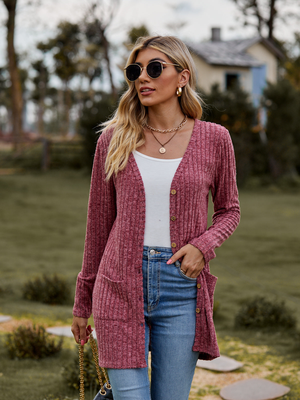 Ribbed Button-Up Cardigan with Pockets-Angel Casuals