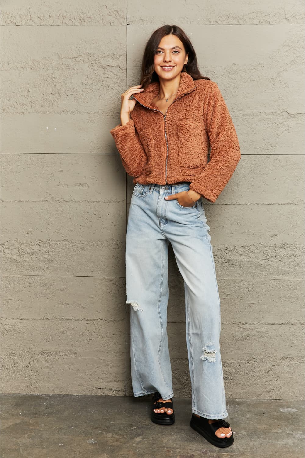 Zip-Up Collared Teddy Jacket-Angel Casuals