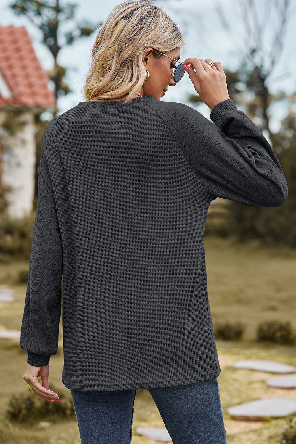 Eyelet Round Neck Long Sleeve T-Shirt-Angel Casuals
