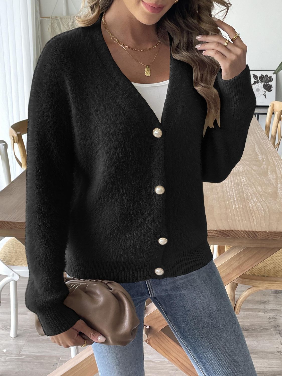 Button Up V-Neck Long Sleeve Cardigan-Angel Casuals