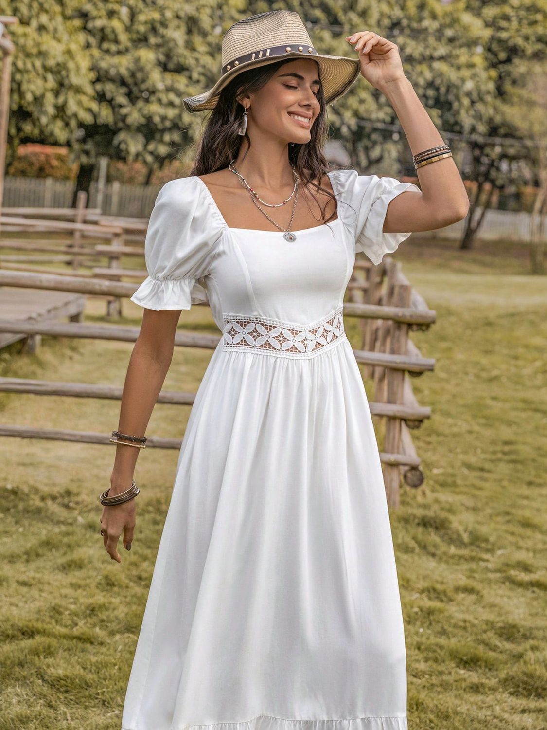 Square Neck Flounce Sleeve Midi Dress-Angel Casuals