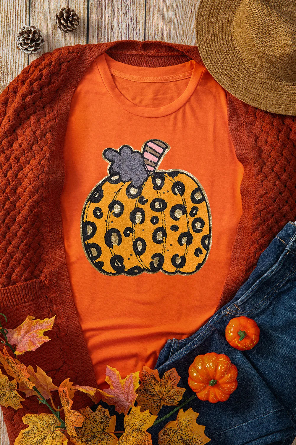 Pumpkin Round Neck Short Sleeve T-Shirt-Angel Casuals