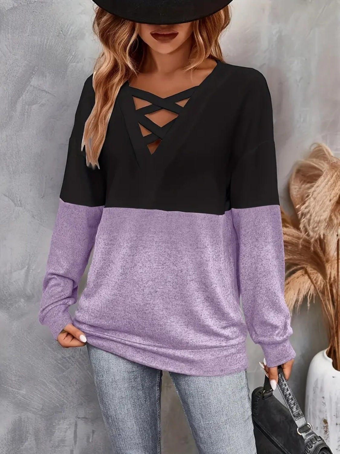 Contrast Crisscross V-Neck Long Sleeve Top-Angel Casuals