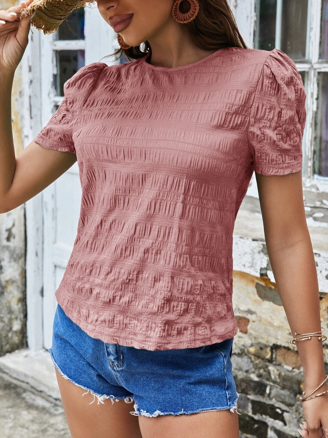 Ruched Round Neck Short Sleeve T-Shirt-Angel Casuals