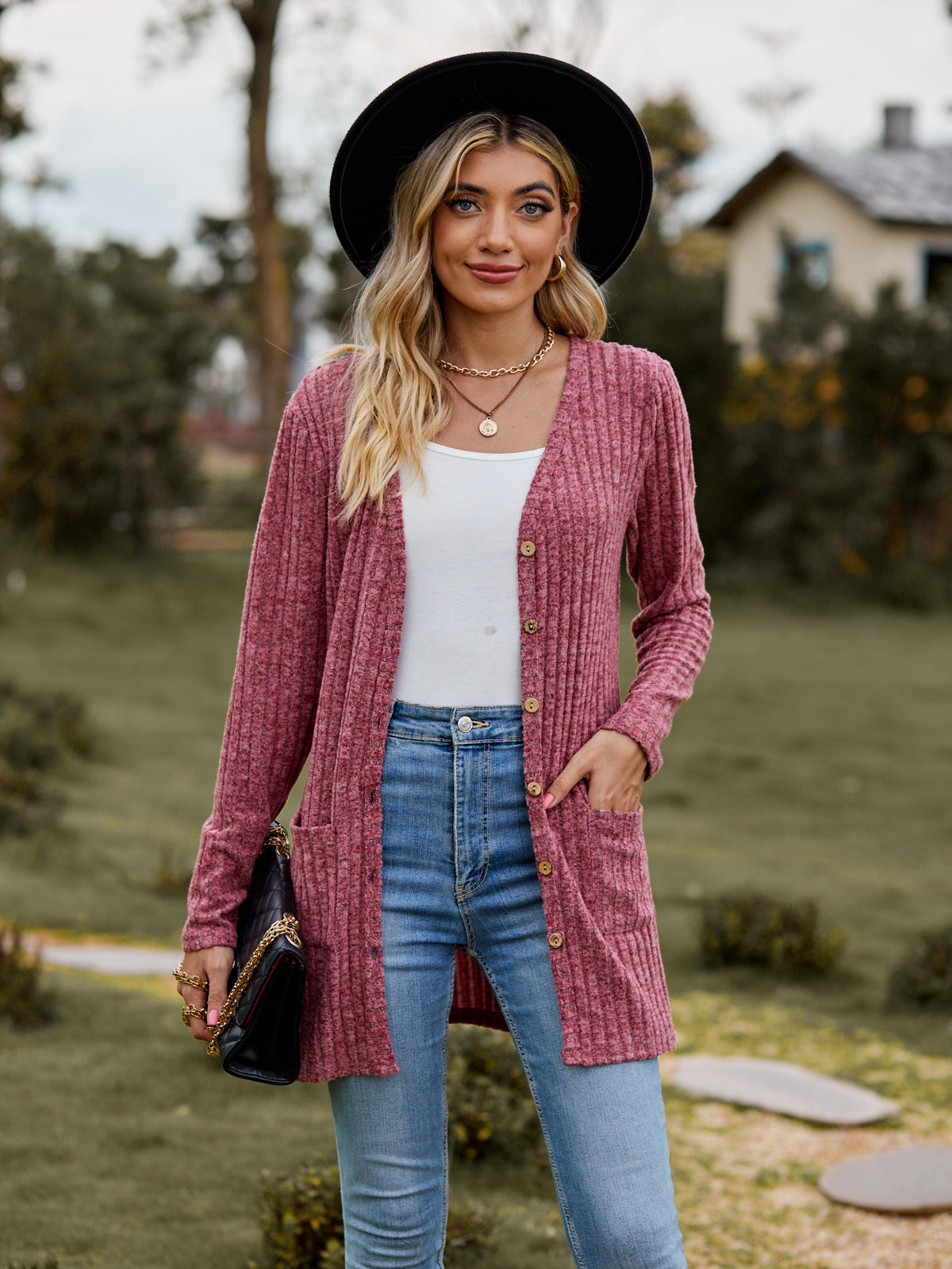 Ribbed Button-Up Cardigan with Pockets-Angel Casuals