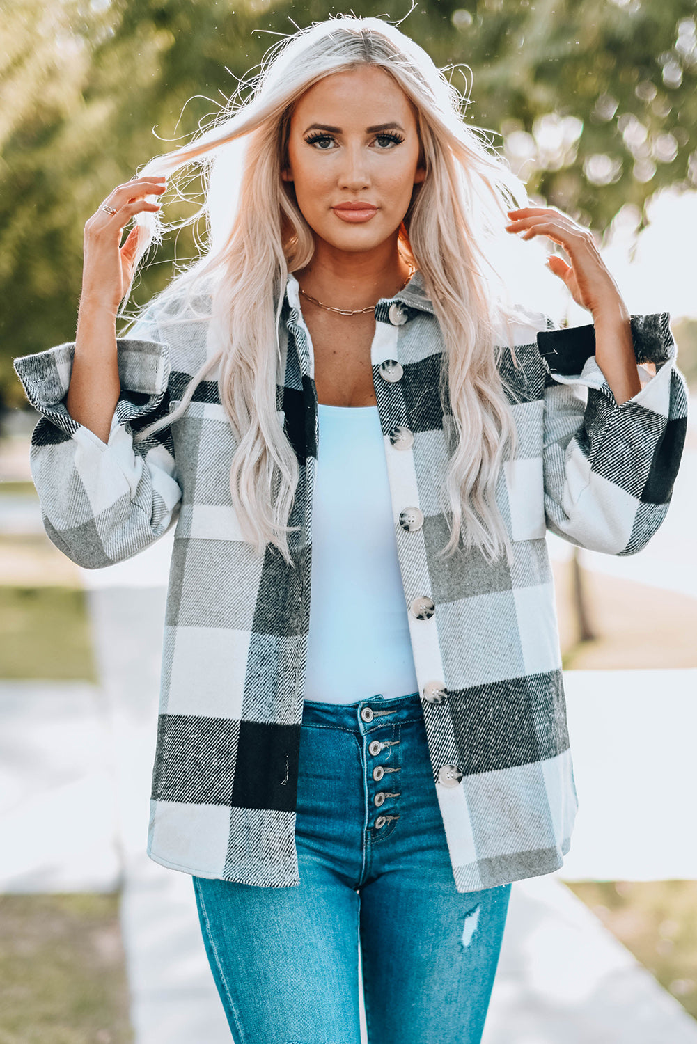 Plaid Button Up Dropped Shoulder Jacket-Angel Casuals