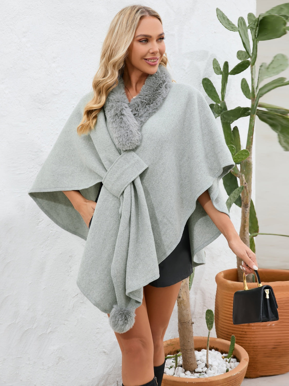 Fuzzy Trim Open Front Poncho-Angel Casuals