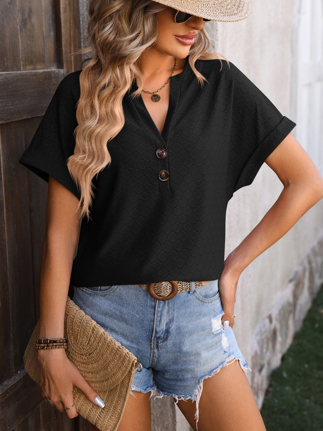 Eyelet Notched Short Sleeve T-Shirt-Angel Casuals
