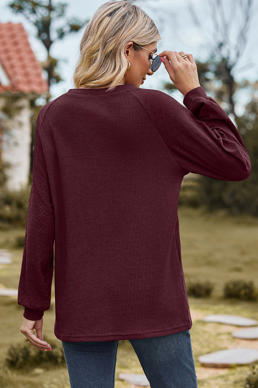 Eyelet Round Neck Long Sleeve T-Shirt-Angel Casuals