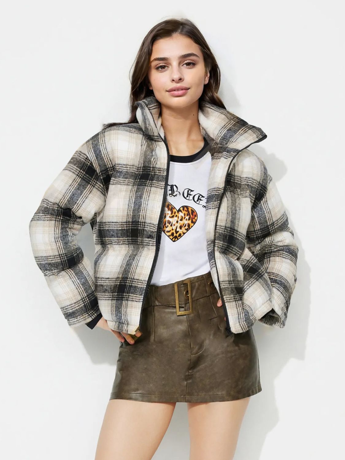Plaid Zip Up Long Sleeve Jacket-Angel Casuals