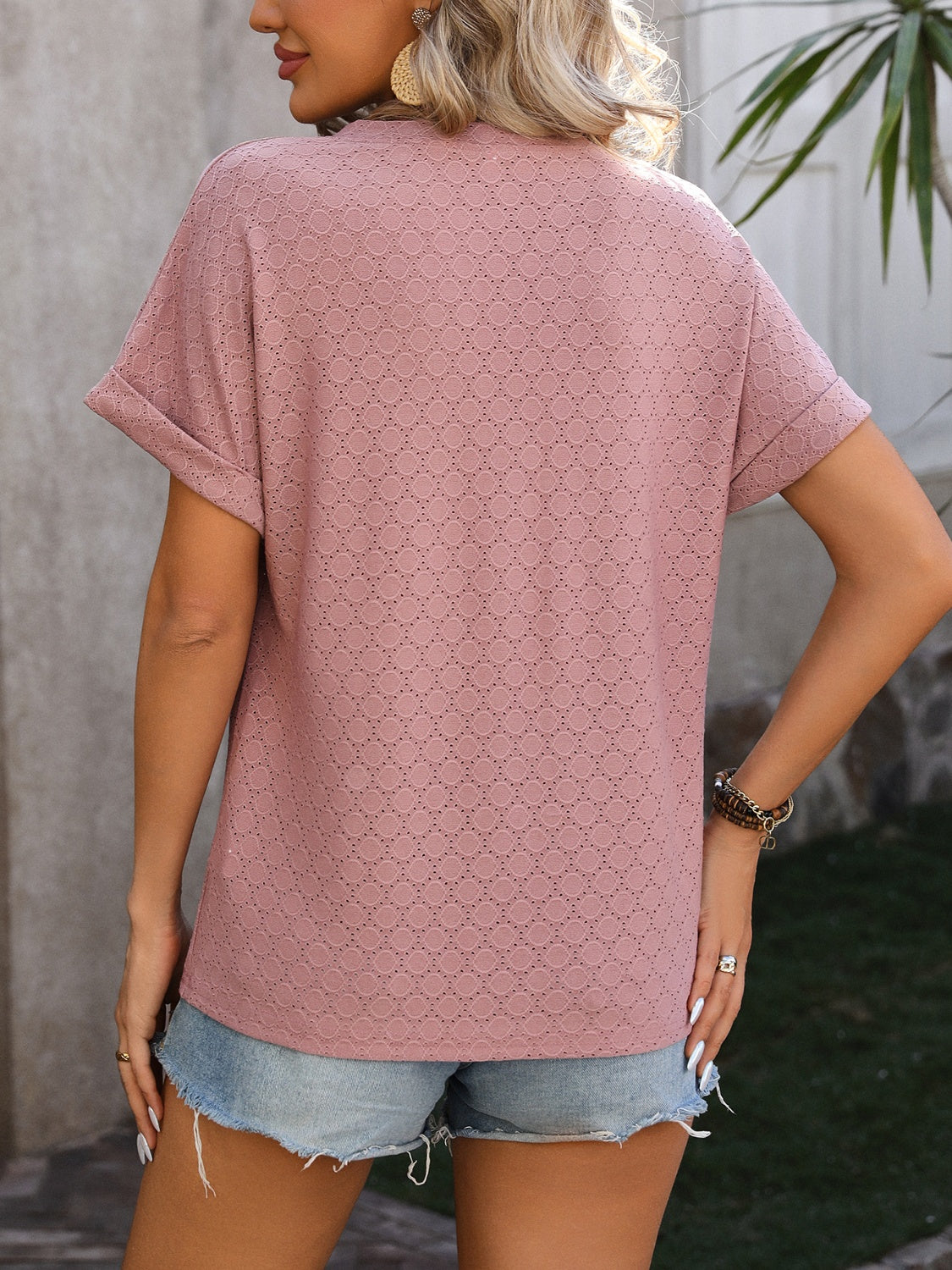 Eyelet Notched Short Sleeve T-Shirt-Angel Casuals