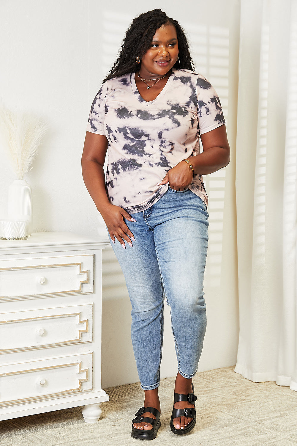 Double Take Tie-Dye V-Neck T-Shirt-Angel Casuals