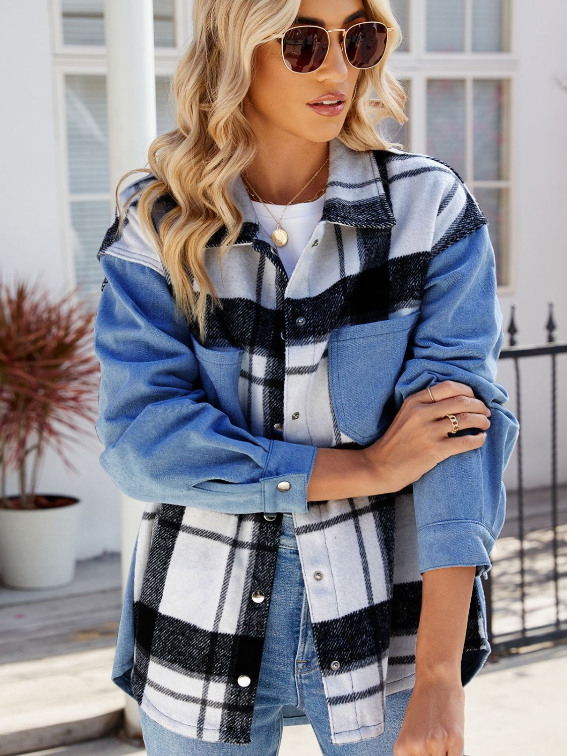 Pocketed Plaid Snap Down Denim Jacket-Angel Casuals