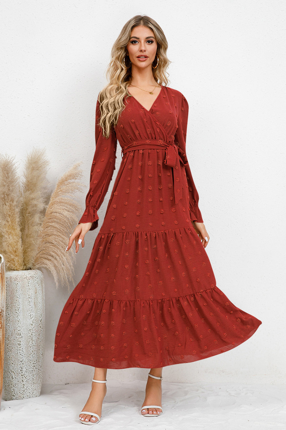 Swiss Dot Tied Surplice Flounce Sleeve Dress-Angel Casuals
