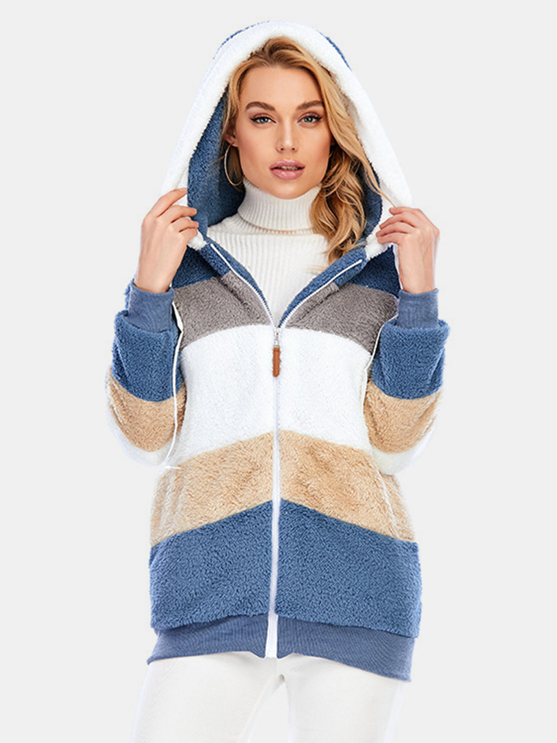 Full Size Drawstring Color Block Zip Up Hooded Outerwear-Angel Casuals