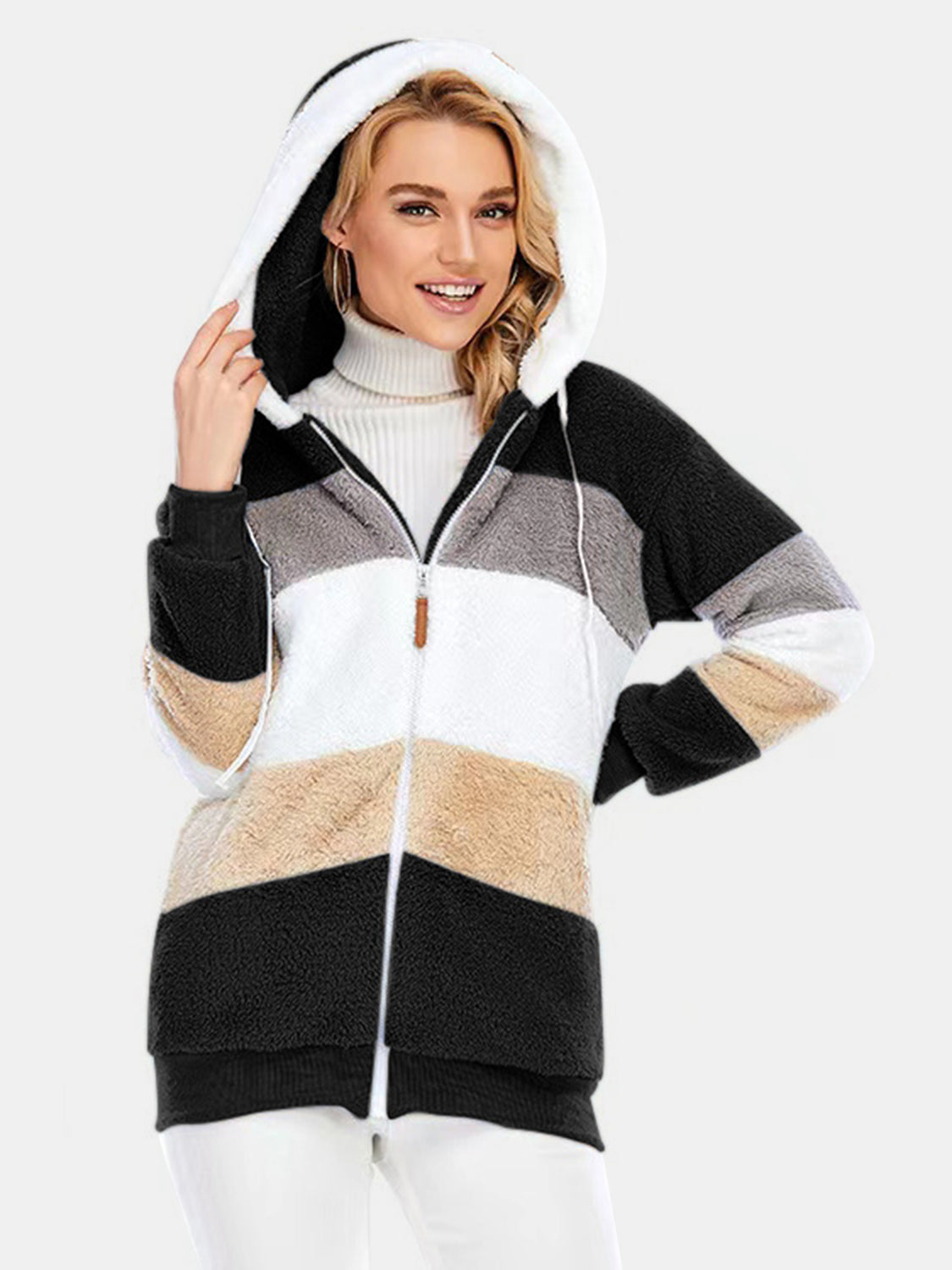 Full Size Drawstring Color Block Zip Up Hooded Outerwear-Angel Casuals