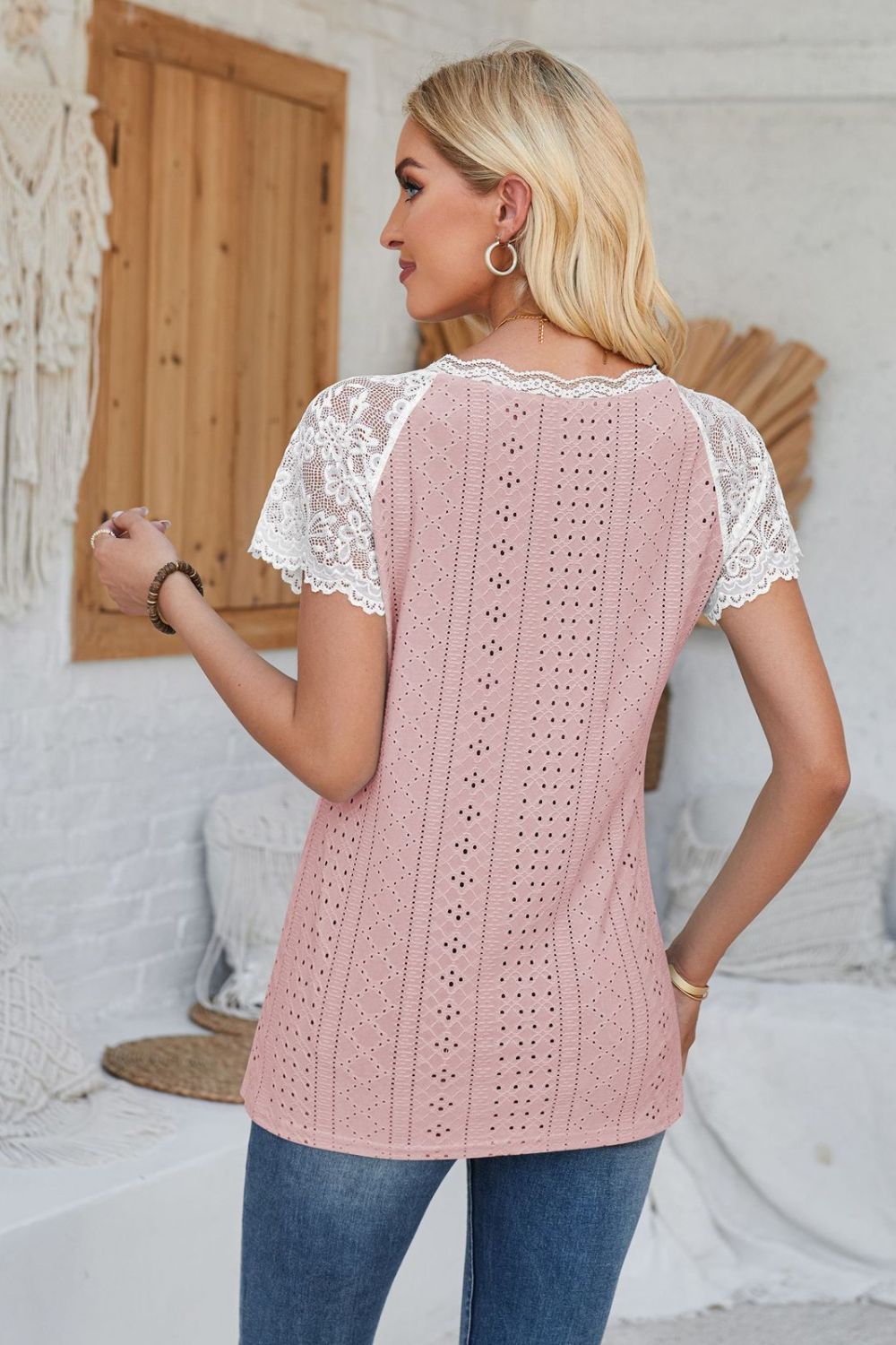 Eyelet V-Neck Lace Short Sleeve T-Shirt-Angel Casuals