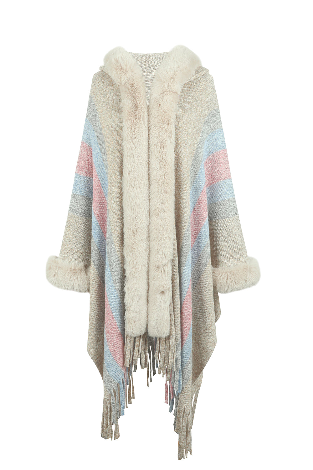 Color Block Fringe Detail Poncho-Angel Casuals