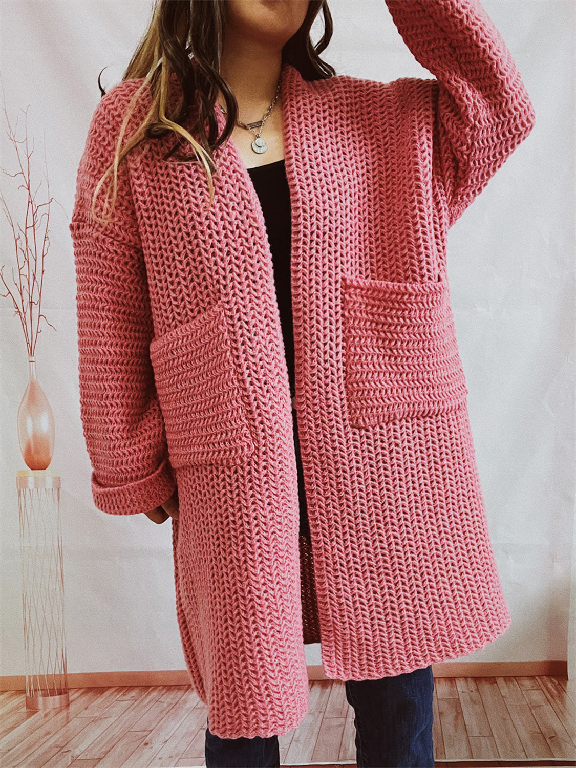 Open Front Long Sleeve Cardigan with Pockets-Angel Casuals