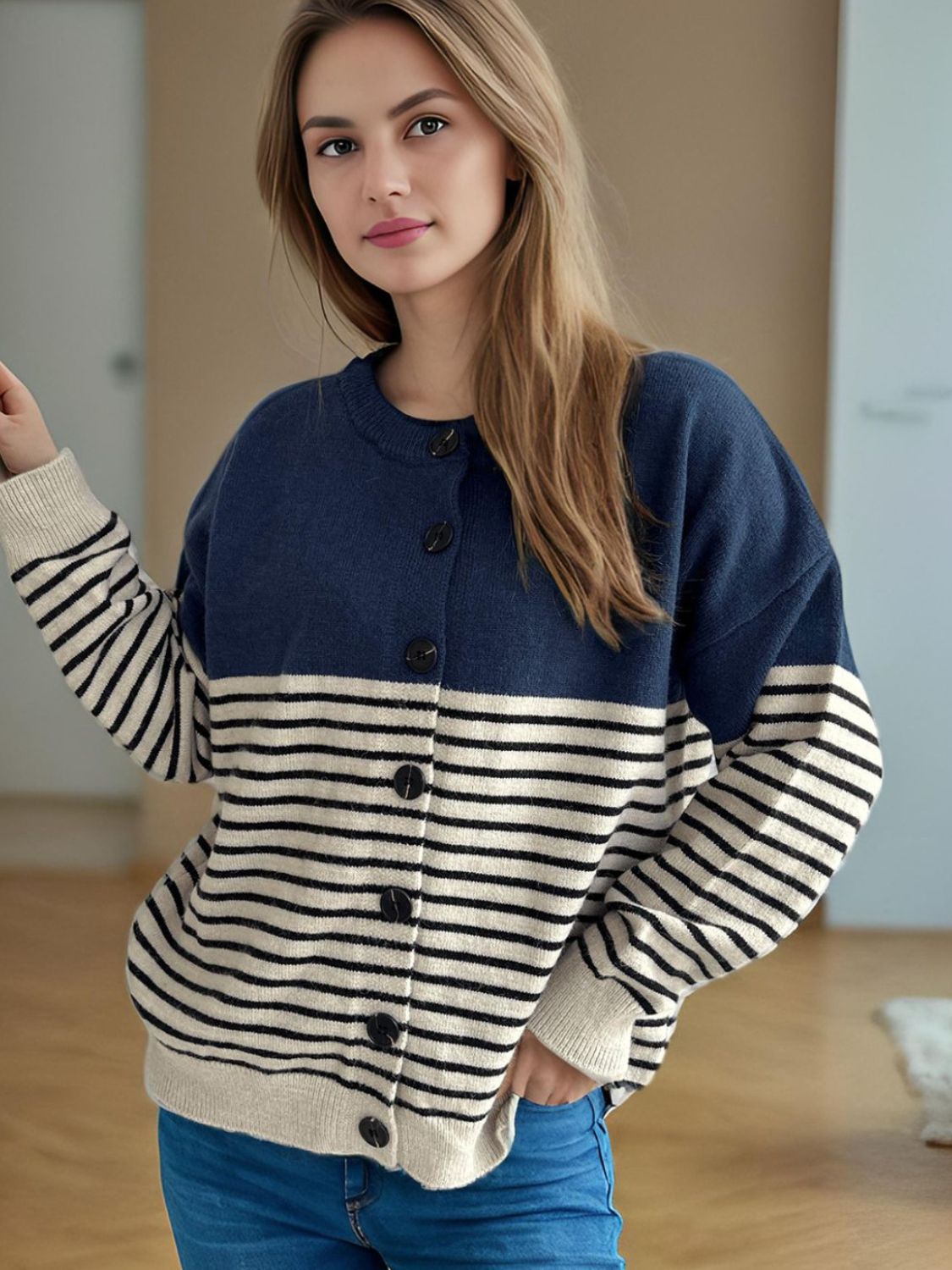Striped Button Down Long Sleeve Cardigan-Angel Casuals