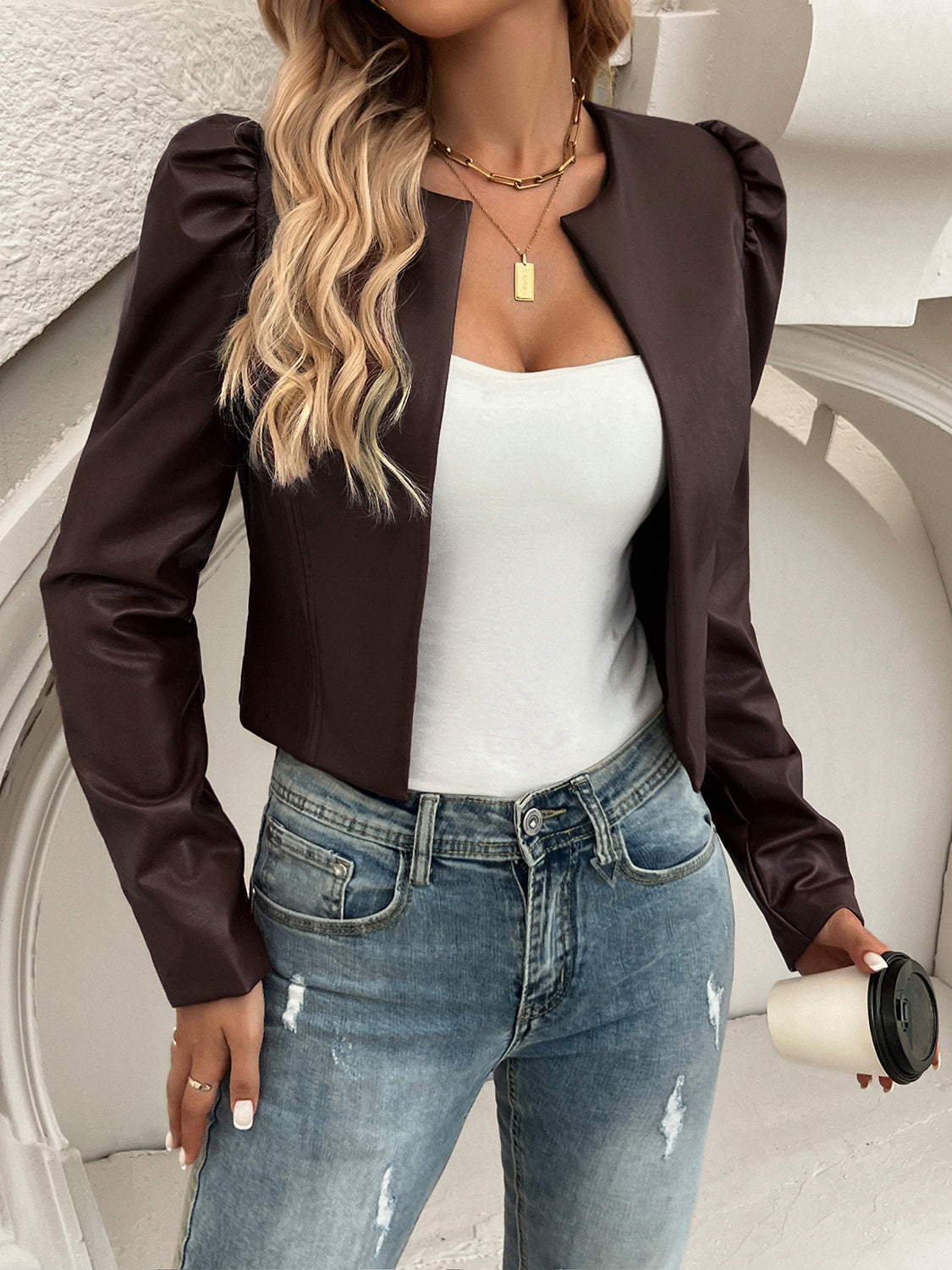 Devine Open Front Puff Sleeve Jacket-Angel Casuals