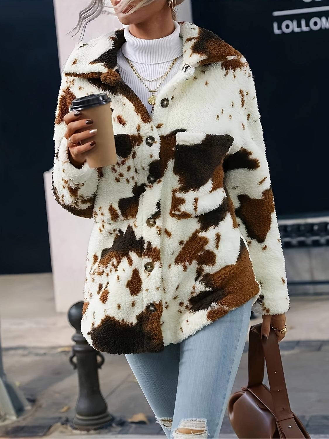 Cow Print Collared Neck Button Up Fuzzy Jacket-Angel Casuals