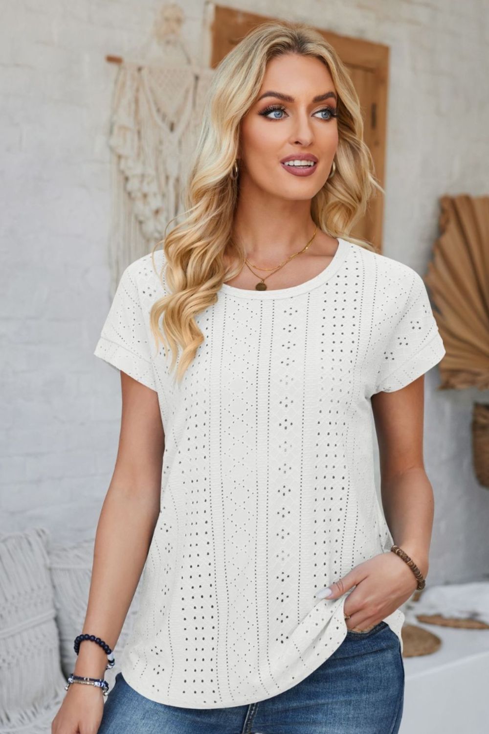 Eyelet Round Neck Rolled Short Sleeve T-Shirt-Angel Casuals