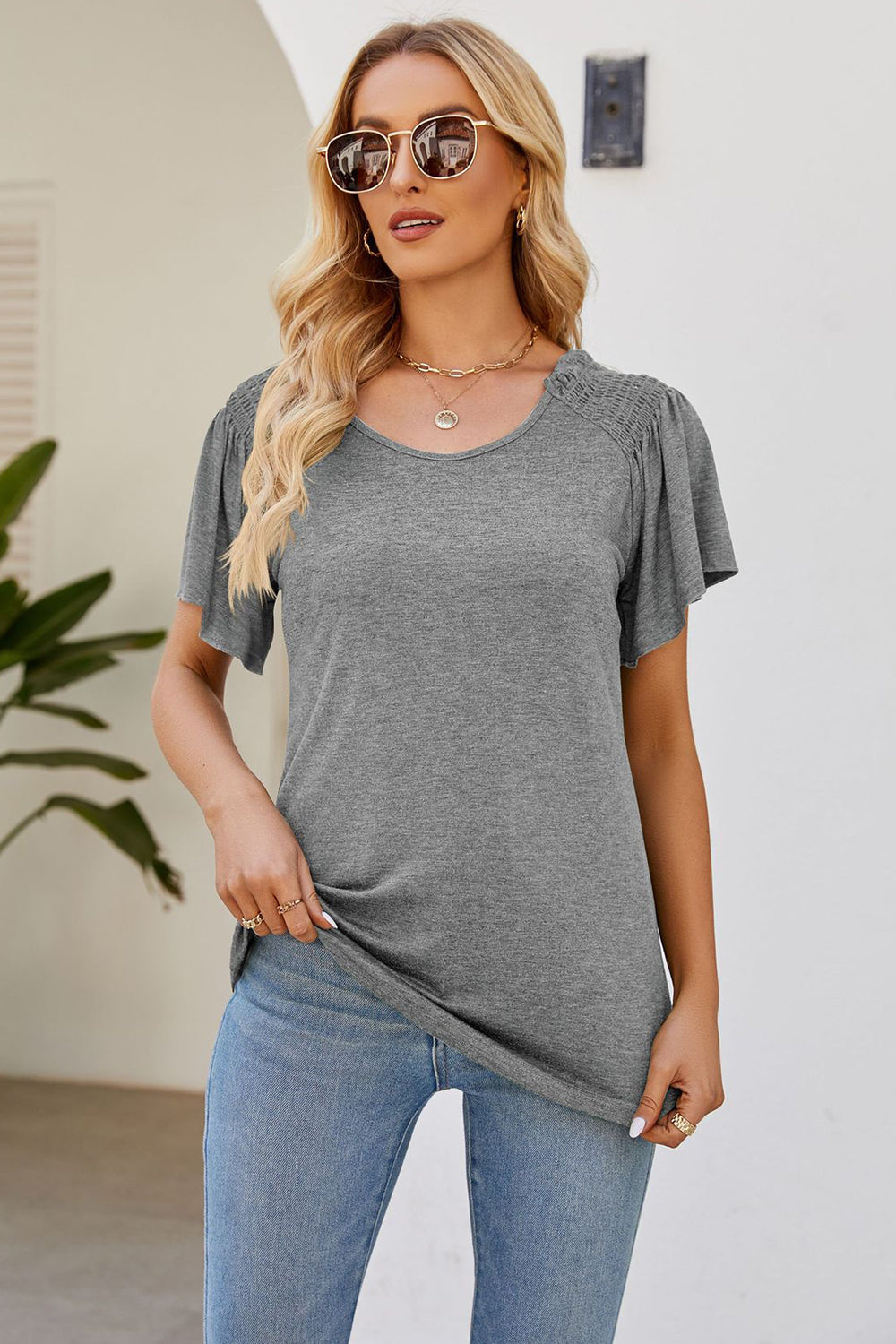 Smocked Round Neck Flutter Sleeve T-Shirt-Angel Casuals