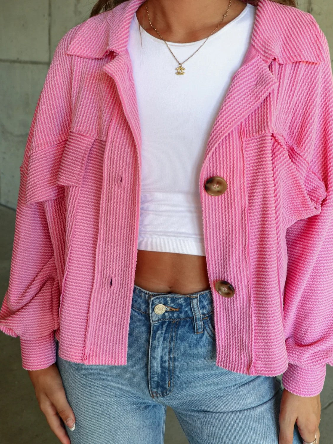Ribbed Collared Neck Button Up Jacket-Angel Casuals