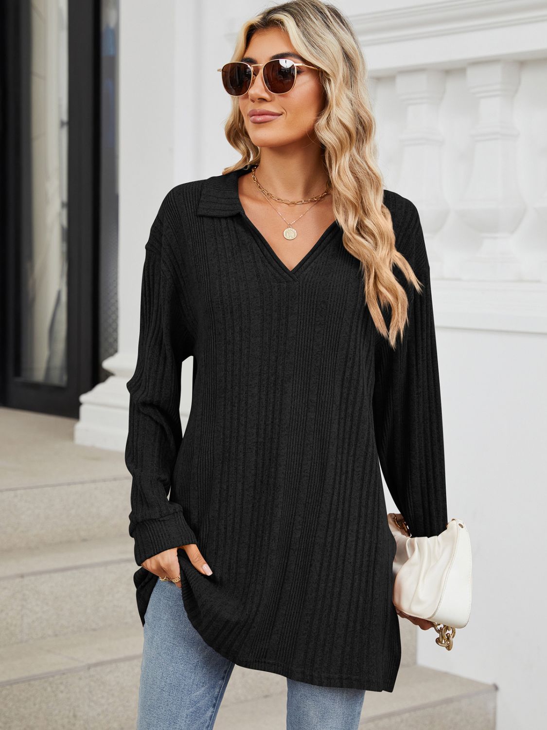 Slit Johnny Collar Long Sleeve T-Shirt-Angel Casuals