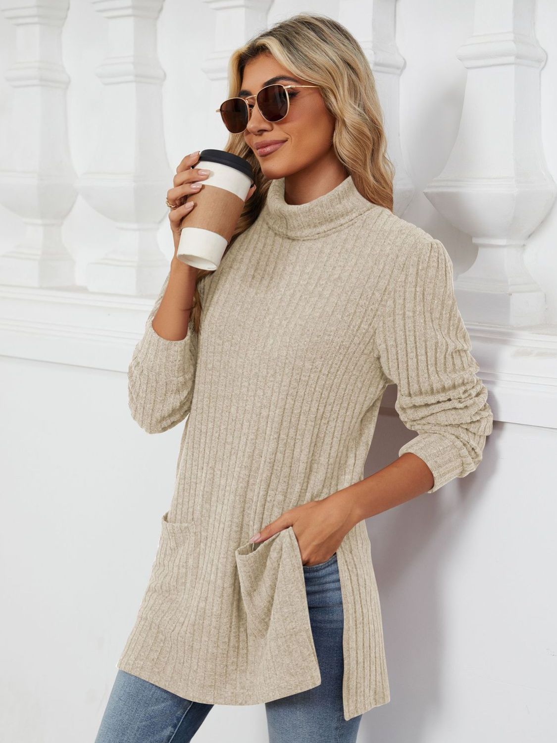 Slit Mock Neck Long Sleeve T-Shirt-Angel Casuals