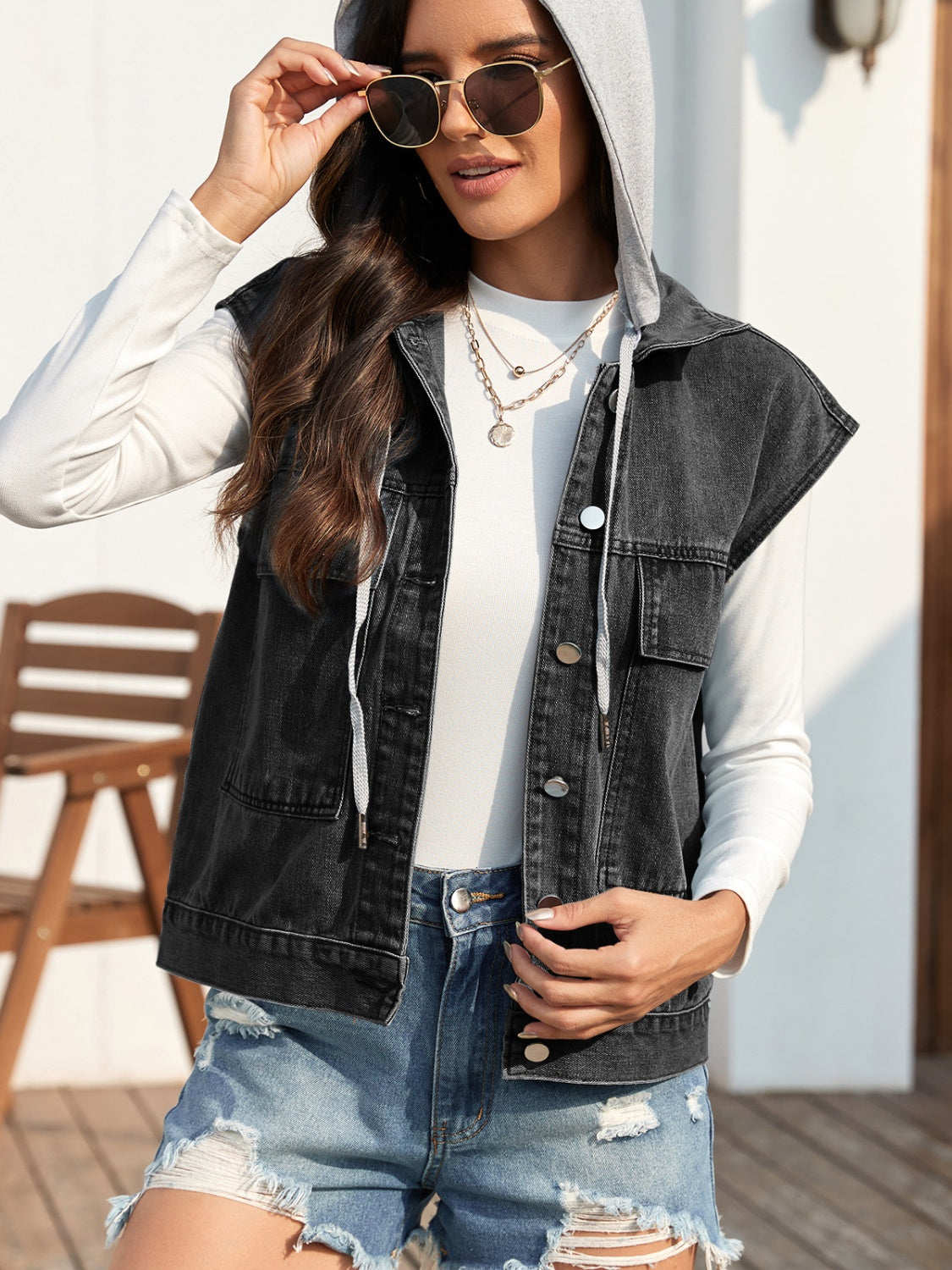 Drawstring Button Up Sleeveless Denim Jacket-Angel Casuals