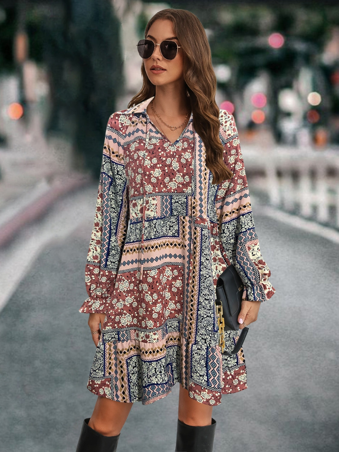 Printed Tie Front Flounce Sleeve Dress-Angel Casuals