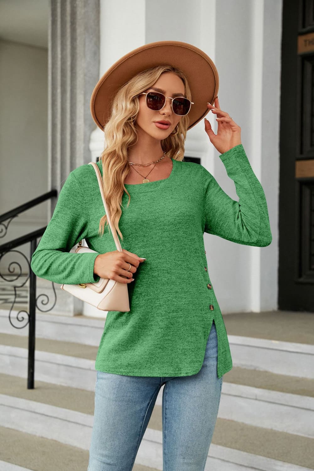 Square Neck Long Sleeve Slit T-Shirt-Angel Casuals