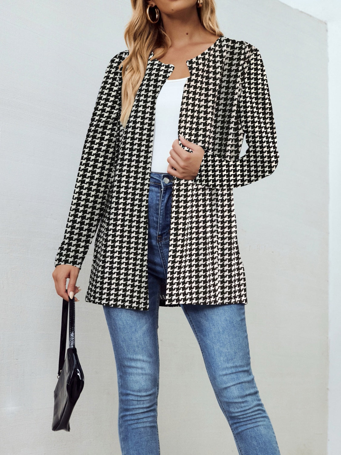 Houndstooth Open Front Long Sleeve Jacket-Angel Casuals