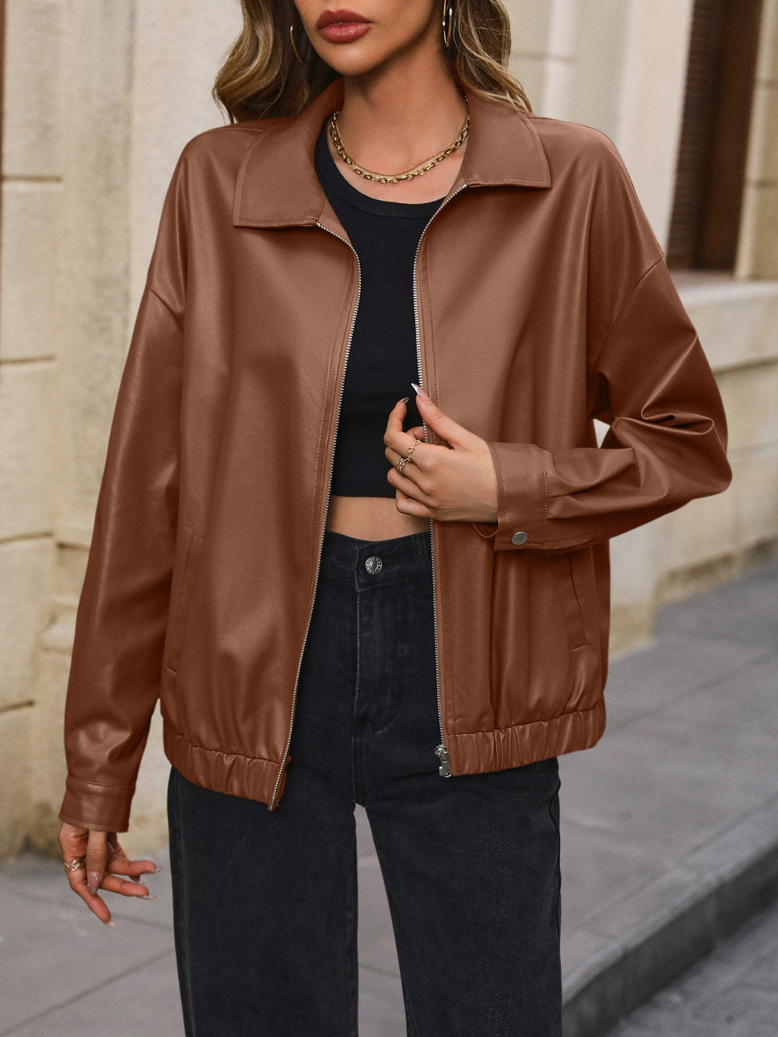 Ivy Lane Pocketed Zip Up Collared Neck Jacket-Angel Casuals