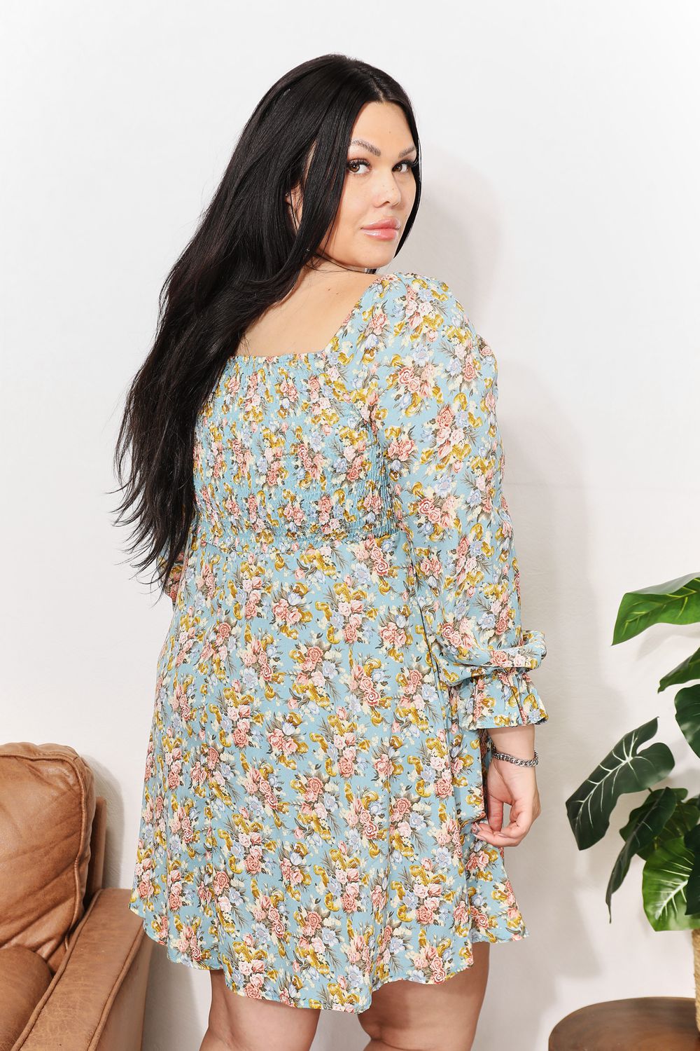 Floral Smocked Flounce Sleeve Square Neck Dress-Angel Casuals