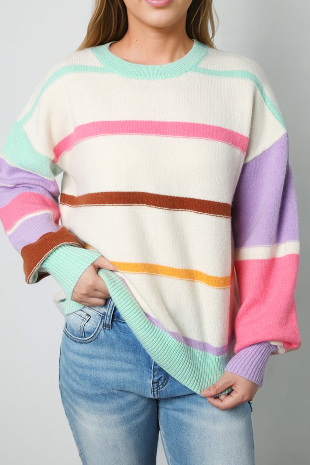 Contrast Striped Round Neck Drop Shoulder Sweater-Angel Casuals