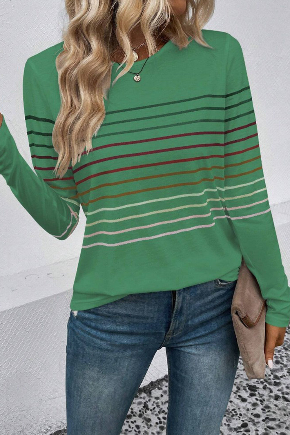 Striped Round Neck Long Sleeve T-Shirt-Angel Casuals