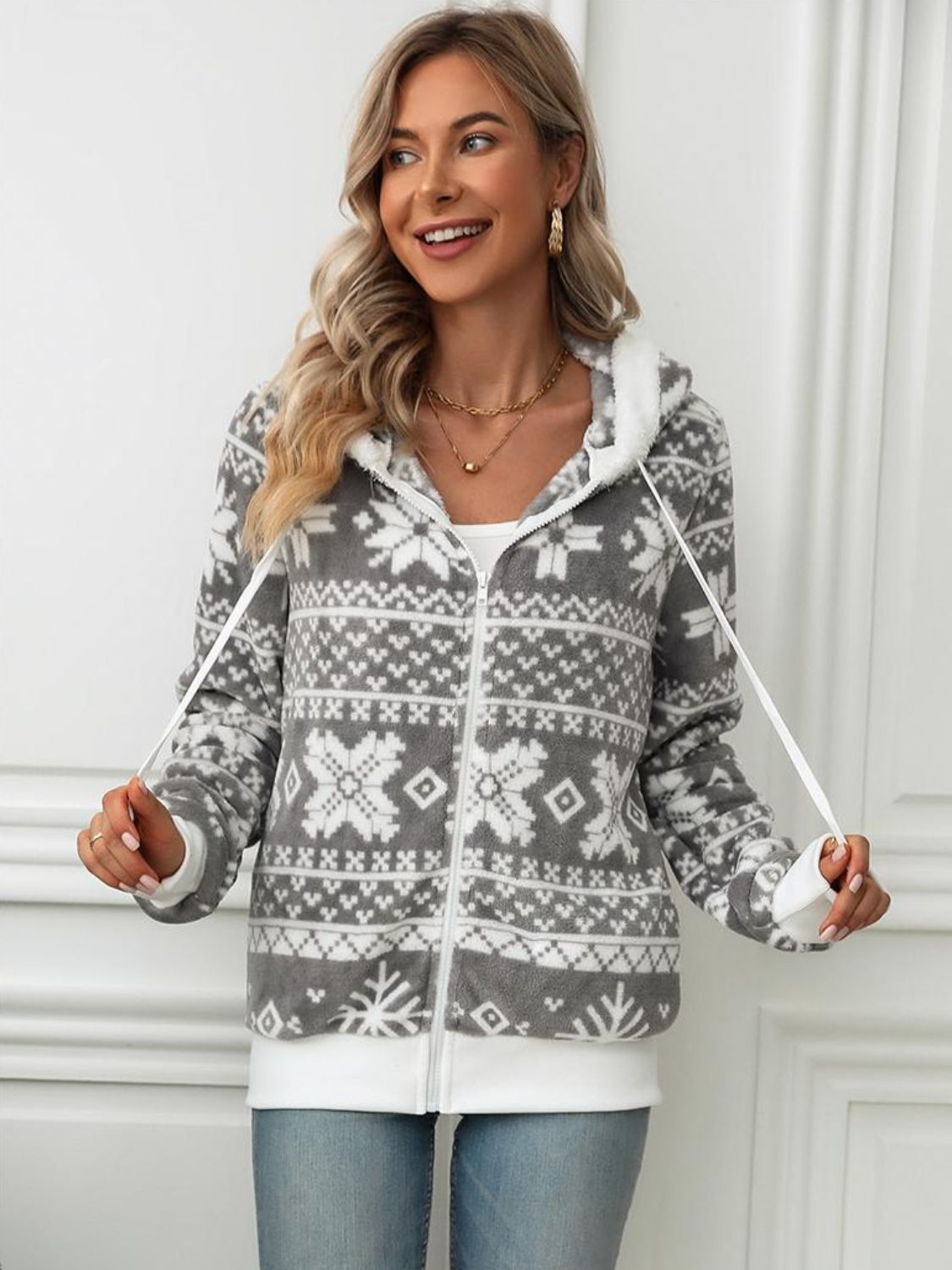 Drawstring Snowflake Zip Up Hooded Outerwear-Angel Casuals