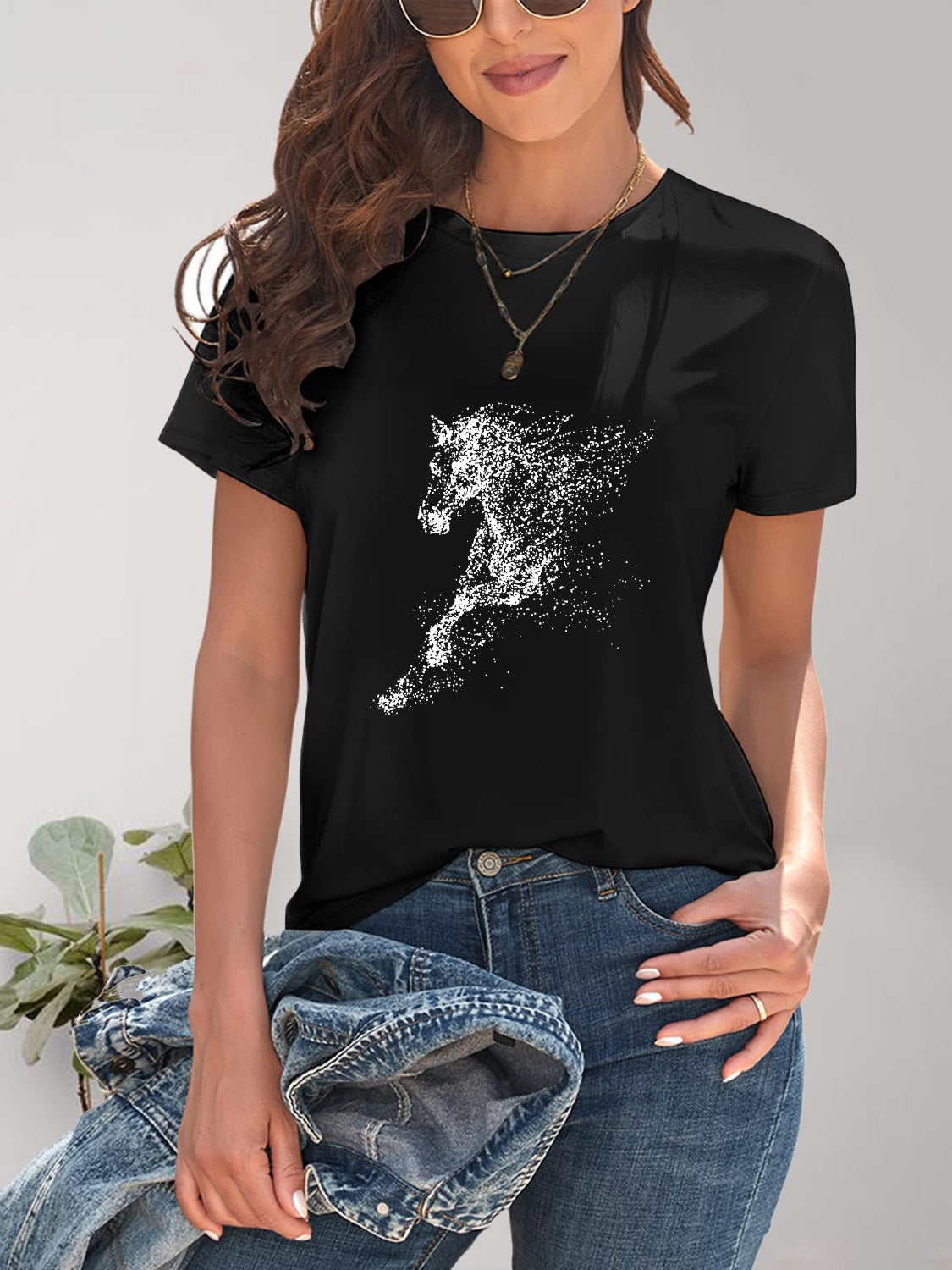 Horse Round Neck Short Sleeve T-Shirt-Angel Casuals