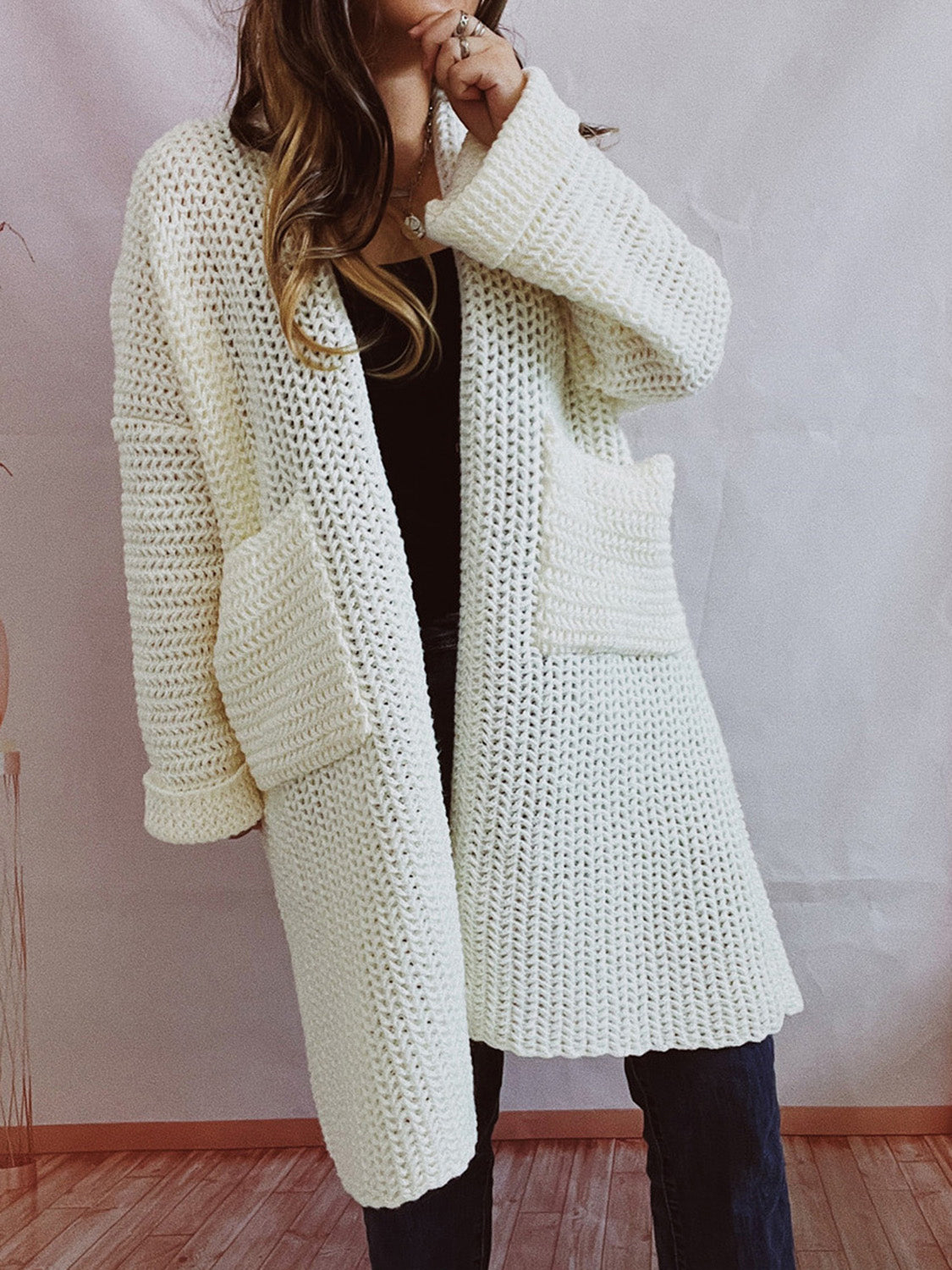 Open Front Long Sleeve Cardigan with Pockets-Angel Casuals