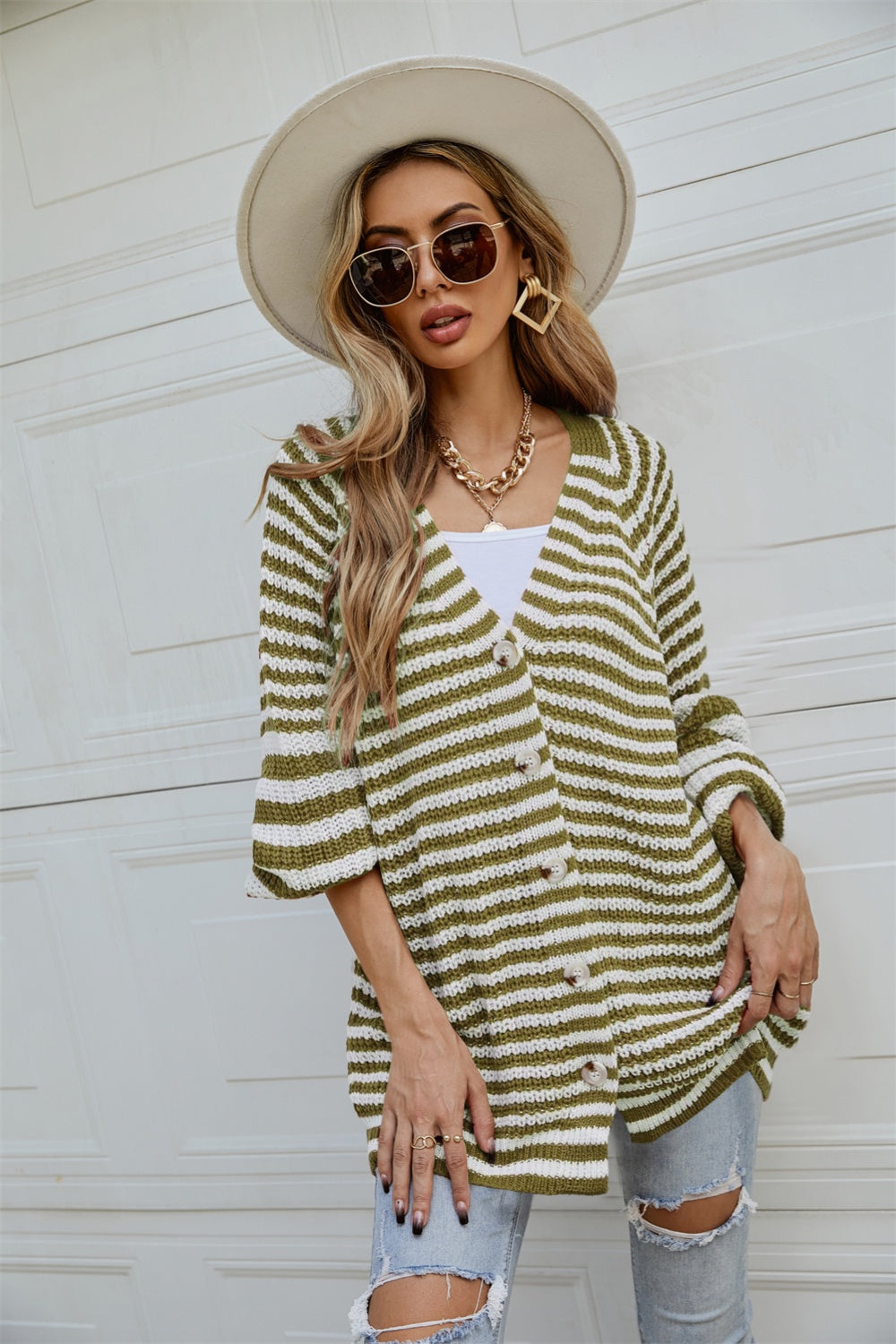 Angel Wings Striped Button Up Long Sleeve Cardigan-Angel Casuals