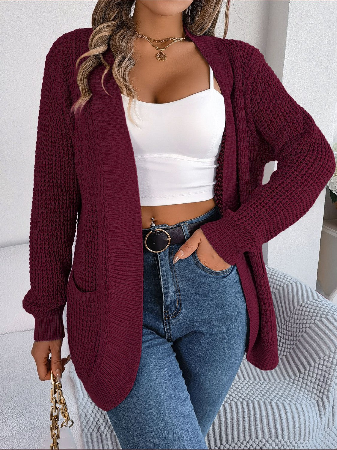 Open Front Long Sleeve Cardigan with Pockets-Angel Casuals